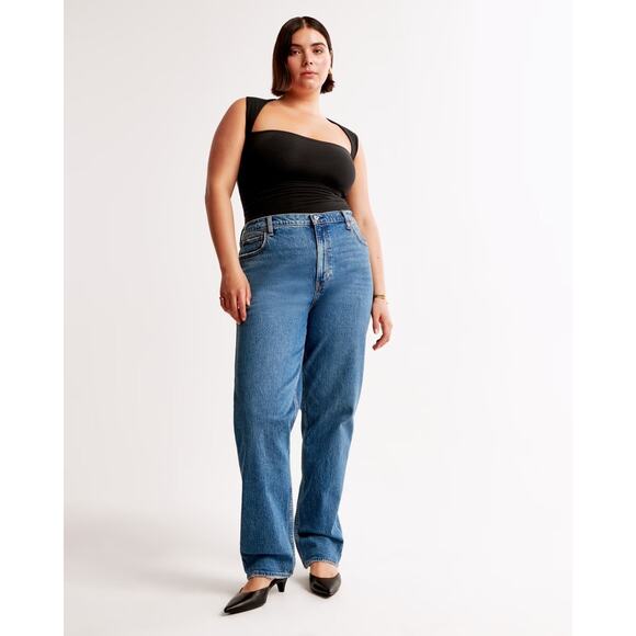 Abercrombie & Fitch Curve Love 90s Straight Ultra High Rise Medium Blue 32/14 - Picture 3 of 16